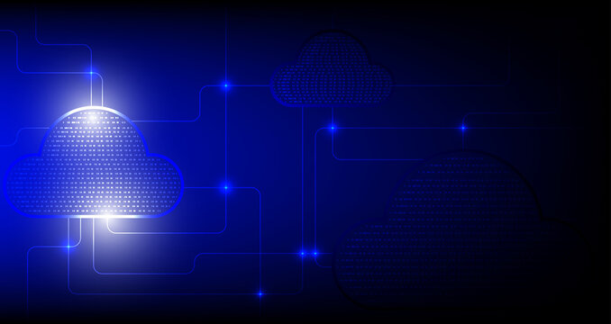 Art & Illustration Digital cloud pulses with light against dark blue space. Network lines connect glowing nodes across the scene. Futuristic data streams radiate from the central cloud.