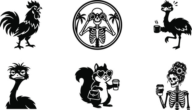 Vector set of humorous character silhouettes including a crowing rooster, grumpy ostrich drinking coffee, squirrel, and skeleton icons