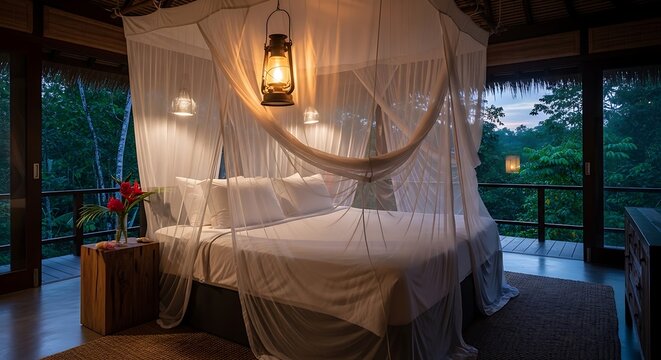 beautifully appointed bedroom in a jungle resort, featuring a large bed draped with a mosquito net and a vintage lantern.
