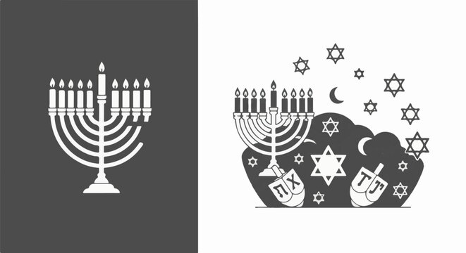 Hanukkah symbols including a menorah, stars, moons, and dreidels are depicted