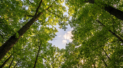 Fototapeta premium Looking up through a vibrant green forest canopy towards a bright blue sky on a clear day, showcasing the natural beauty and lush growth of tall trees