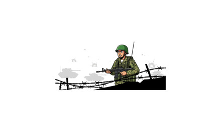 A soldier in green uniform and helmet stands behind a barbed wire fence holding a rifle with a blurred background. © muhammad