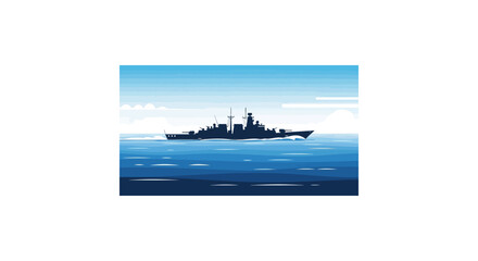 Silhouette of a large warship sailing on calm blue waters under a clear sky with scattered clouds. © muhammad