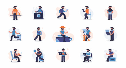 Fototapeta premium Diverse cartoon men engaged in various activities, from work to leisure