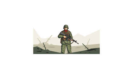 A soldier in green uniform and helmet stands with a rifle against a backdrop of mountains and barbed wire. © muhammad