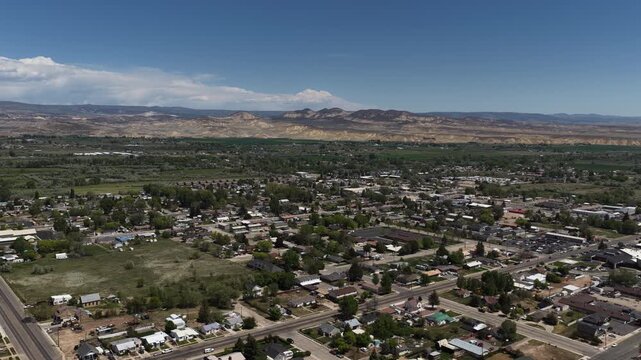 Aerial over small desert town Vernal Utah in spring time