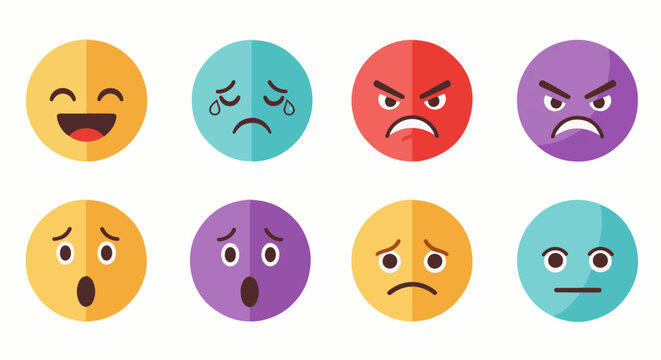 Diverse circular emoticons depict a spectrum of emotions, from joy to anger