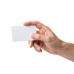 Obraz premium Hand holding blank business card isolated on transparent background