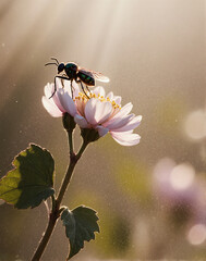 Naklejka premium Insecte sur une fleur, soleil, fin de journée