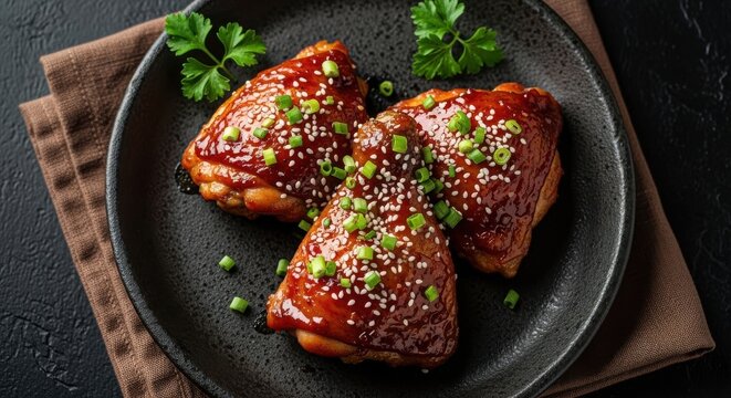 Glazed teriyaki chicken thighs with sesame seeds and green onions
