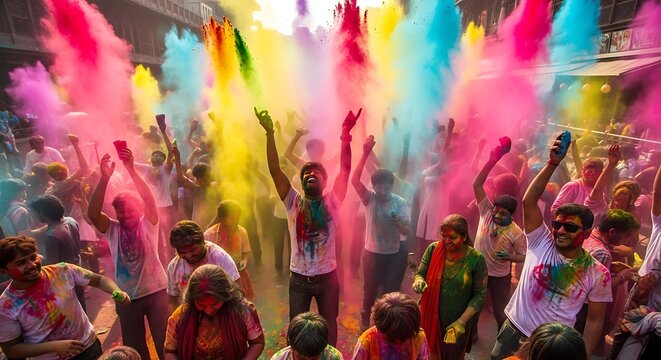 joyous crowd celebrates the Holi festival, with vibrant clouds of colored powder filling the air, creating a lively and festive atmosphere.