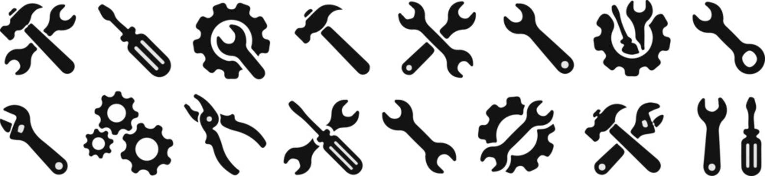 tools repair mechanic flat black vector icon set wrench hammer screwdriver gear cog silhouette glyph workshop service logo ui design