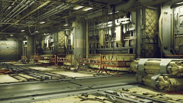 Dim industrial hangar bay with heavy machinery and rusted pipes, worn metal flooring, orange safety railings, overhead catwalks, scattered crates, low greenish