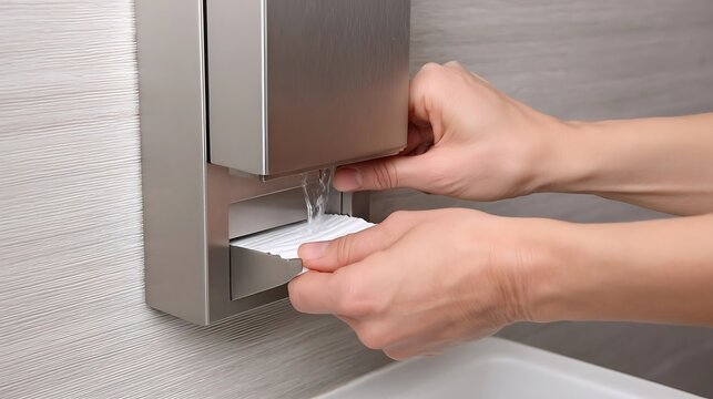 Person's hands reaching into a stainless steel dispenser to pull out a white paper towel in a restroom