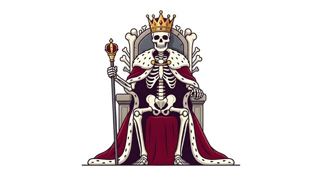 Majestic skeleton king wearing a golden crown and royal robe sitting on a bone throne holding a scepter vector illustration.