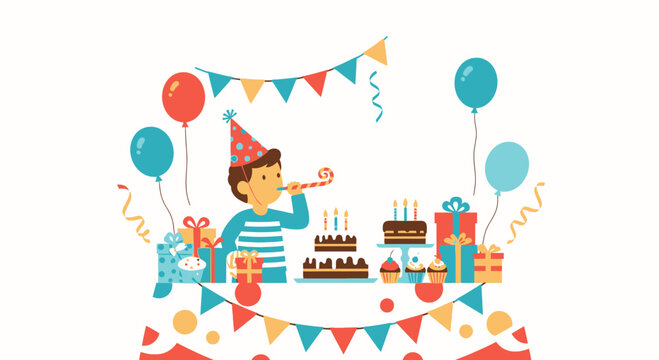 Happy Birthday Party Celebration with Cake, Gifts, Balloons, and Cheerful Boy Blowing Horn