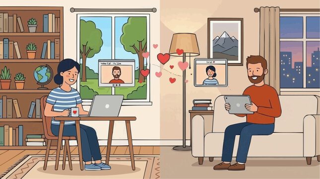 Couple in long distance relationship connecting through video calls and digital devices with hearts symbolizing love