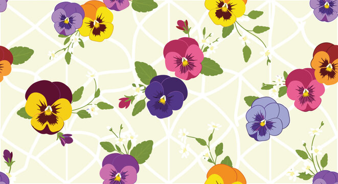 Seamless floral pattern featuring vibrant pansy blossoms in purple yellow and orange colors over a subtle white geometric lattice background texture.