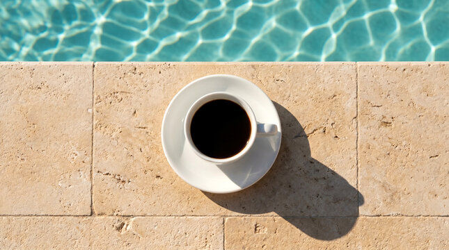 A top down photo of a white ceramic cup filled with black coffee resting on a sunny stone pool deck