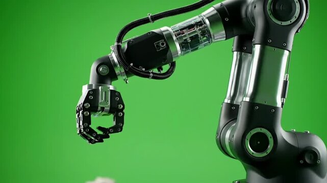 Advanced industrial robotic arm with mechanical gripper and metallic components isolated on green screen chroma key background for visual effects.