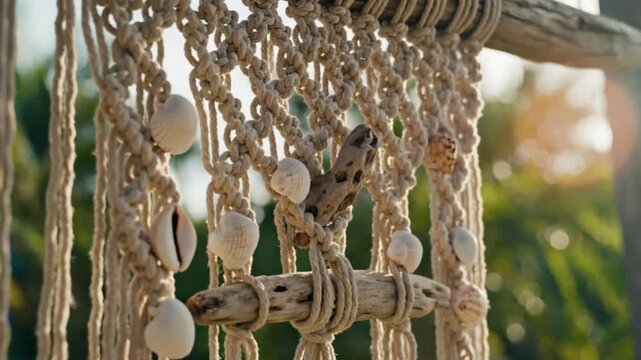 Close-up of a decorative macrame wall hanging with seashells and driftwood hanging outdoors in natural sunlight