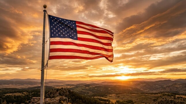American flag waving at sunset over landscape