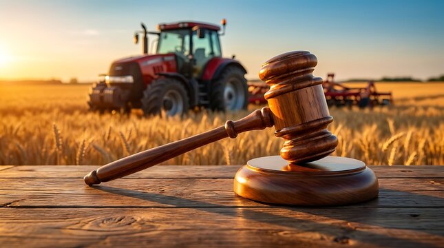 Gavel placed on wooden table in wheat field at sunset with tractor in background symbolizing agricultural law and justice, farmland policy and legal decisions.