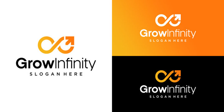 Grow Infinity Logo Template: Orange Infinity Loop with Growth Arrow Up Symbol for Business Marketing, Financial Investment, or Startup Success
