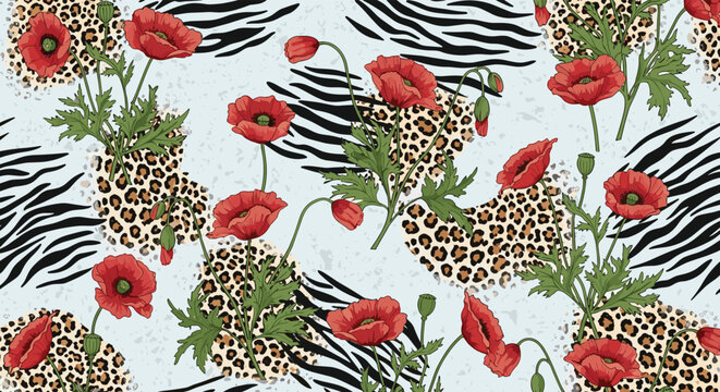 Seamless pattern with red poppy flowers on a mixed animal print background featuring leopard spots and zebra stripes on light blue.