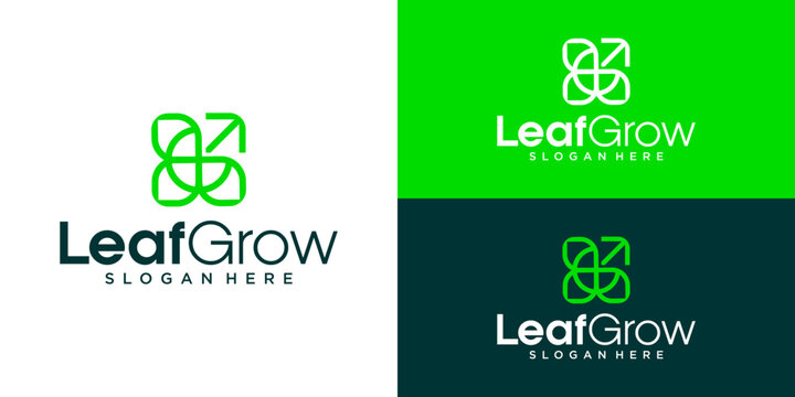 LeafGrow Logo Template, Minimalist Four Leaves Clover with Arrow Up Line Art for Eco Tech, Sustainable Agribusiness, or Organic Growth