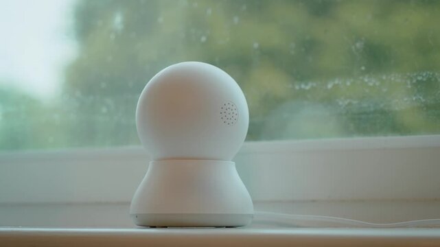 Smart home security camera rotating for surveillance monitoring near window. IP CCTV device tracking indoor safety control technology in minimalist interior. Home automation protection system panning