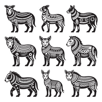 Collection of stylized zebras and horses with tribal patterns, black and white on white, stylized