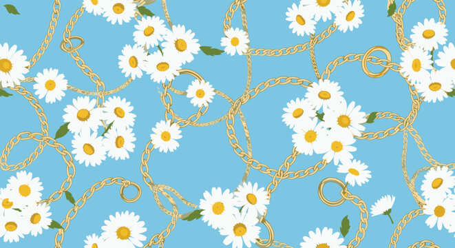 Seamless pattern with white daisy flowers and gold chains on a bright blue background creating a trendy fashion design for textiles.
