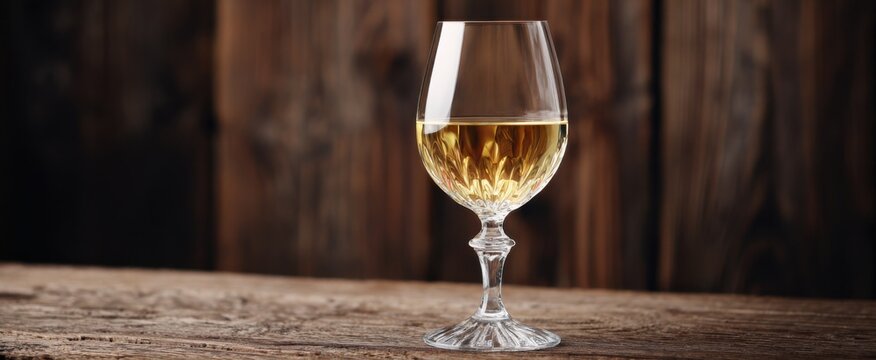 Elegant glass of white wine in crystal stemware on a rustic wooden surface