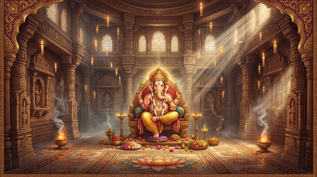 Lord Ganesha idol in a divine temple with sunlight beams