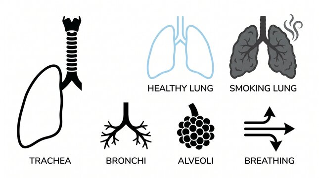 Human respiratory system anatomy and function icons with smoking lung, breathing