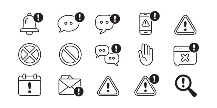 Warning Notification Icon Set with Exclamation Marks and Alert Symbols