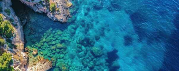 Fototapeta premium Aerial view of rugged rocky coastline with clear turquoise water for travel and nature concept
