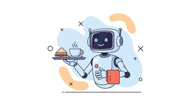 Friendly robot waiter holding a tray with a sandwich and coffee cup for future technology and service concepts.