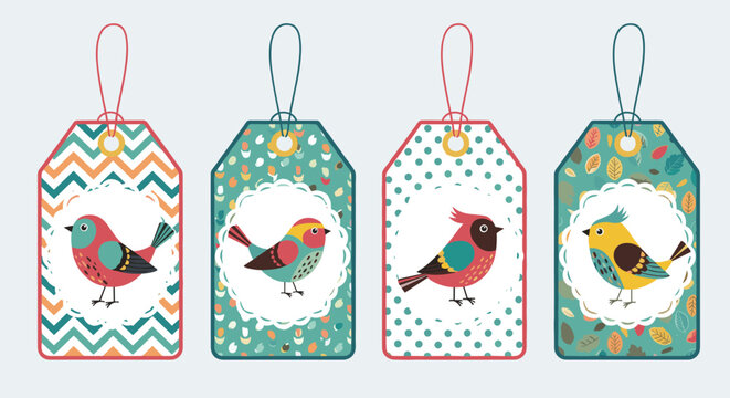 Decorative gift tags with different colorful birds on patterned backgrounds for holiday packaging and labels.