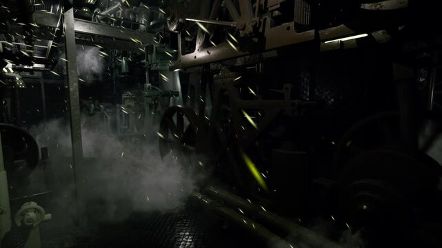 Foggy engine passage with green glow, steam veils lattice of pipes and valves, luminescence reflects off oilslick surfaces, sense of hazardous salvage operation
