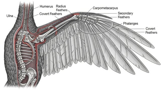 Anatomical Diagram of Bird Wing With Bone and Feather Labels
