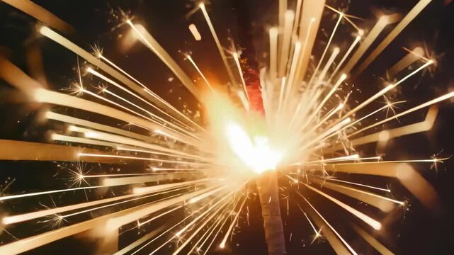 Igniting handheld sparkler radiating golden radial sparks in close-up at night, with glowing core