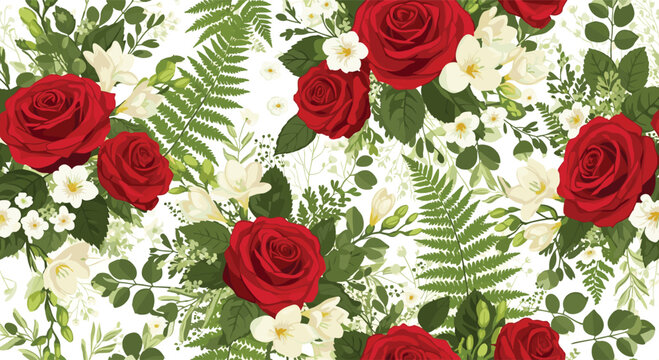 Elegant seamless floral pattern featuring red roses, small white flowers, and green fern leaves on a clean white background.