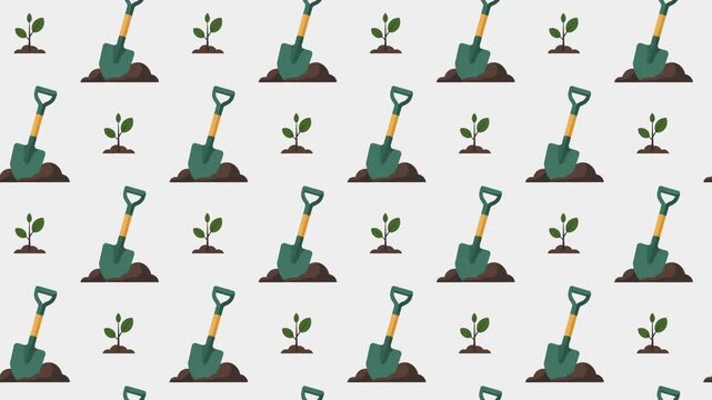 Plant Sapling and Garden Shovel Icon Seamless Pattern Background Agriculture Botany and Earth Day Concept