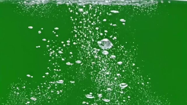 Crystal clear air bubbles rising in a continuous stream through green water against a chroma key background, macro shot for clean video compositing.