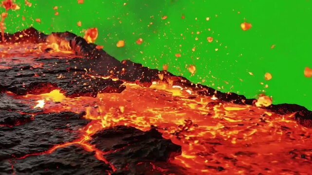Molten lava erupting and splashing over dark volcanic rock on a green screen background. Dramatic glowing magma flow for visual effects compositing.