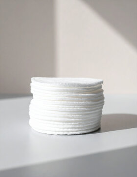 Stack of clean cotton pads on light grey table, cosmetic pads, soft natural light, minimal skincare aesthetic. Close-up.