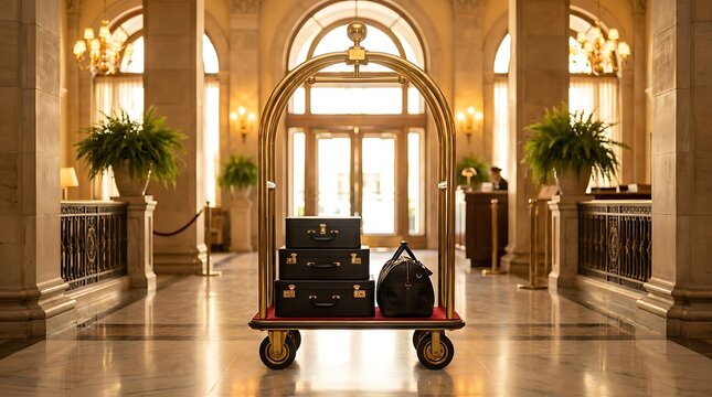Luxury hotel lobby with luggage cart filled with elegant black suitcases and a stylish leather duffel bag on marble floor.