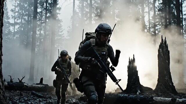 Soldiers in a smoky forest environment.